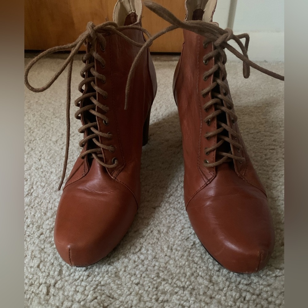 Nine West Cognac Winstrol Leather Lace Up Boots - Picture 2 of 6